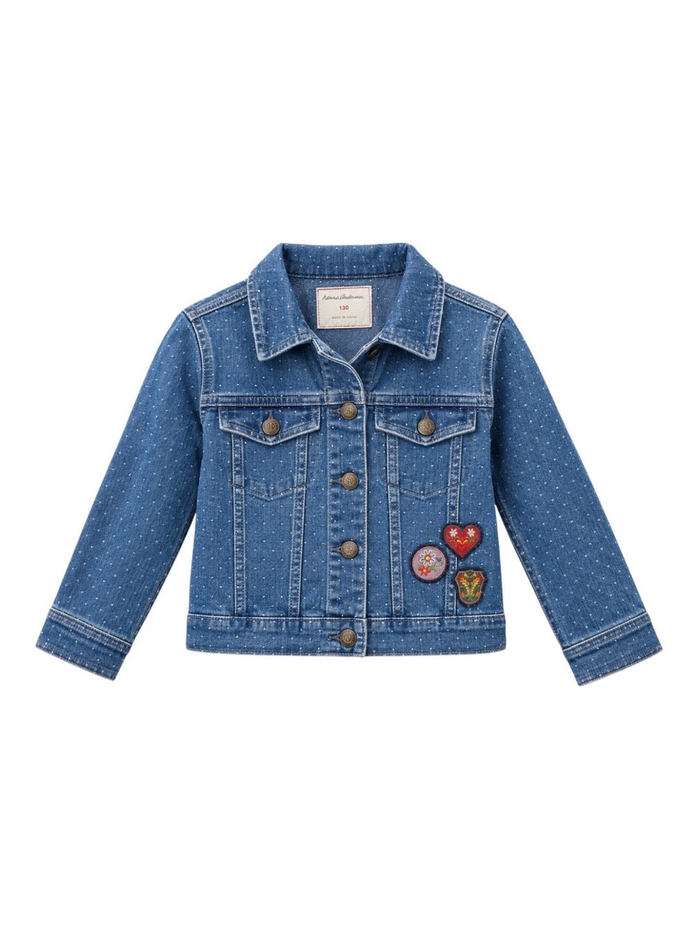 Hanna Andersson Kids Denim Jean Jacket Swiss Dots Patches Girls Size 130 8